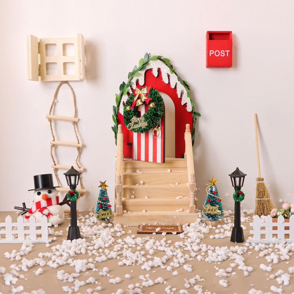 EBANKU 16Pcs Christmas Fairy Door Kit, Red Fairy Girl Door Garden Decorations Tiny Outdoor