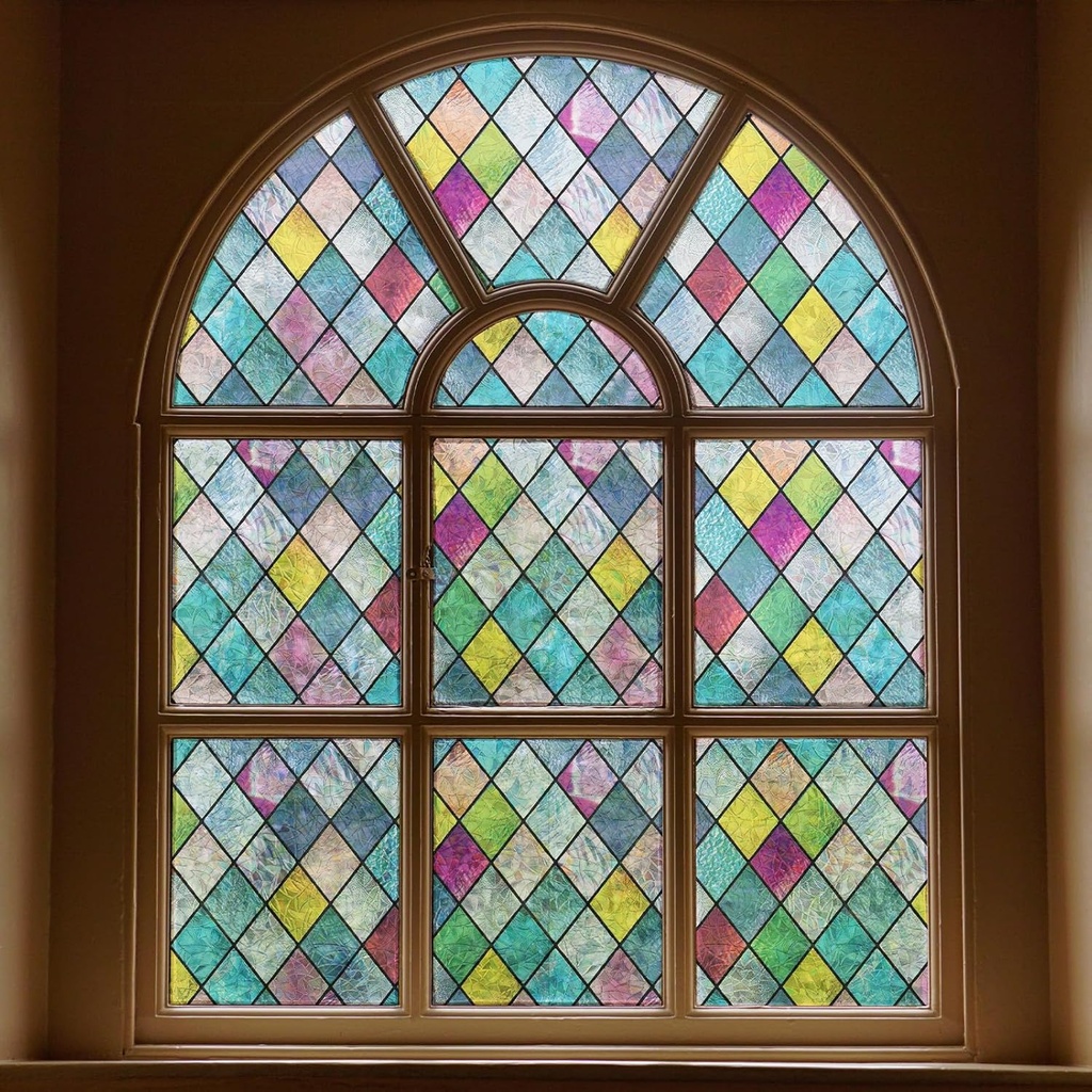 FEOMOS Stained Glass Window Film, Window Privacy Films, Colorful Lattice Window Tint, Rainbow
