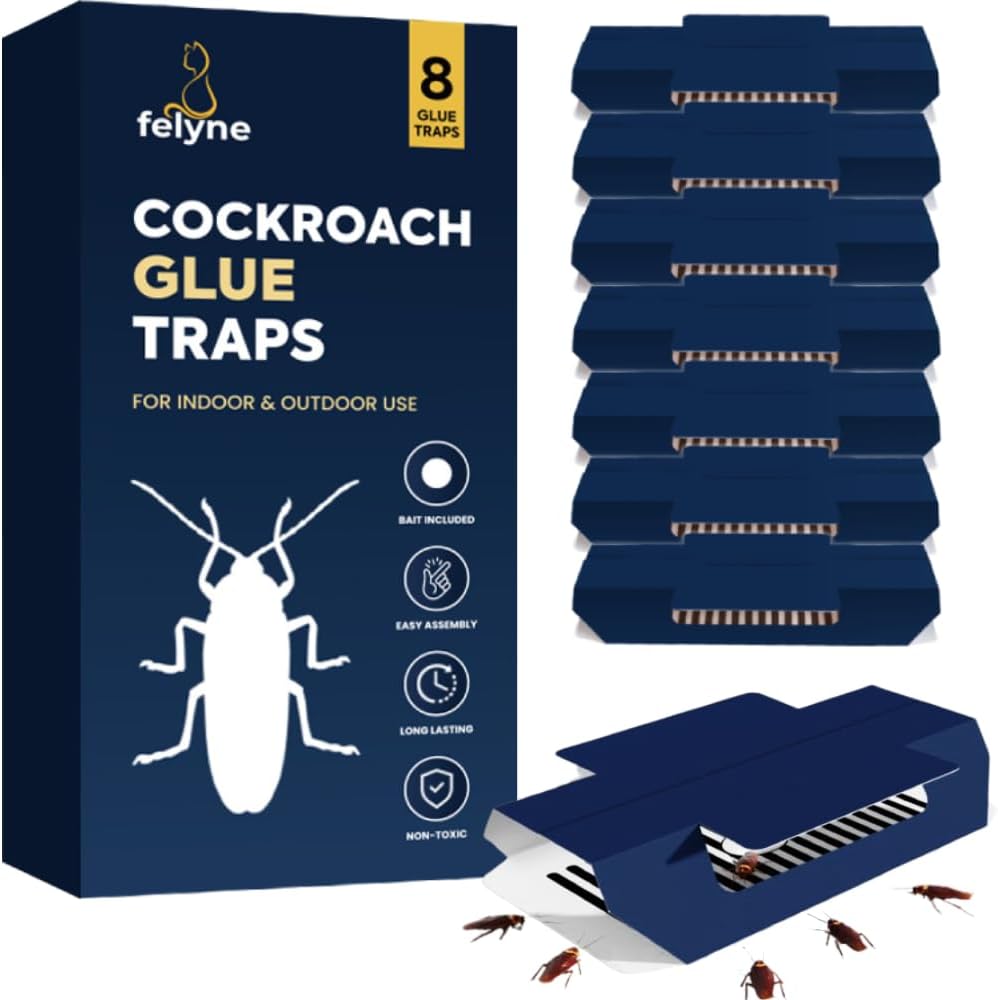 Cockroach Killer Trap with Bait, 8 Sticky Glue Traps for Indoor Cockroaches, Strong Roach