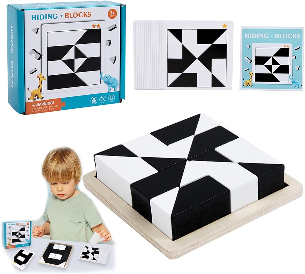 Wooden Hidden Puzzle, Pattern Blocks Set, 40 Double-Sided Design Cards, Thinking Toy