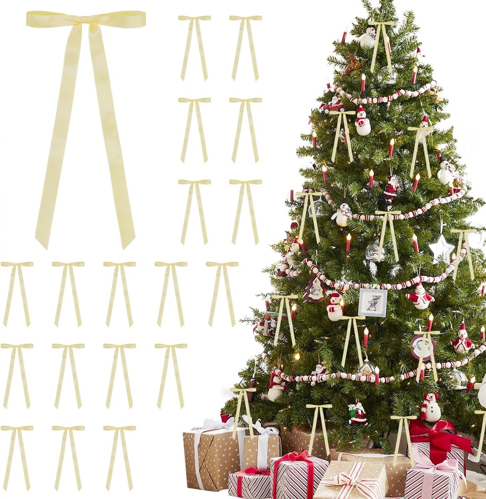 24Pcs Satin Ribbon Bows 5.9 x 12.5 Inch Pre-Tied Christmas Tree Bow Ornament for Gift Wrap