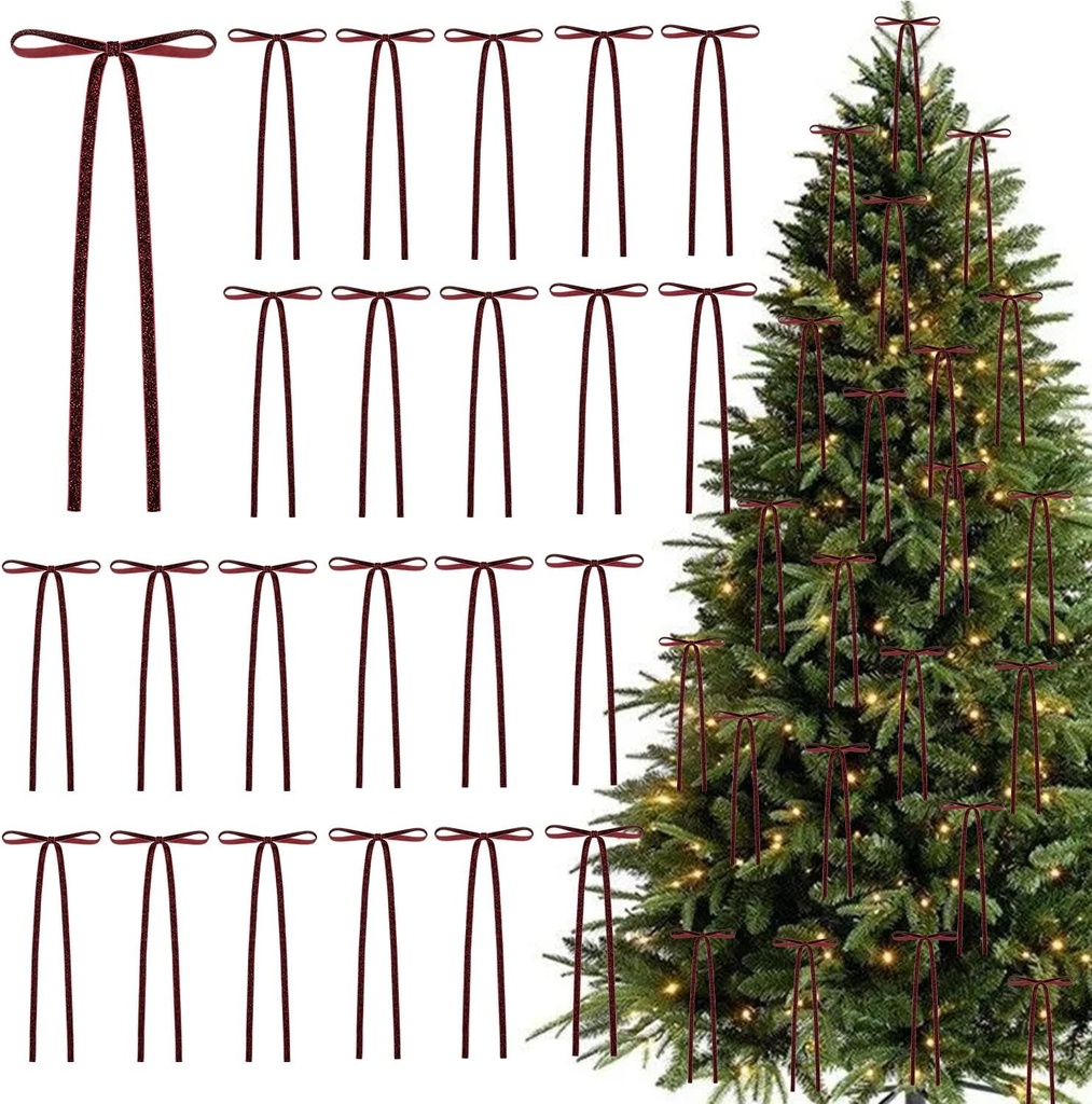Set of 20 Glitter Velvet Bows Christmas Tree Decoration - 5.9"x11.81" Sparkle Premade 