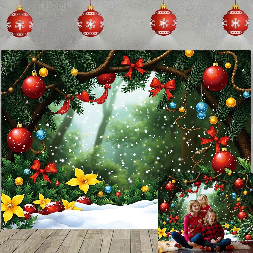 Cartoon Green Christmas Backdrop for Photography Forest Pine Snow Xmas Banner Kid Christmas