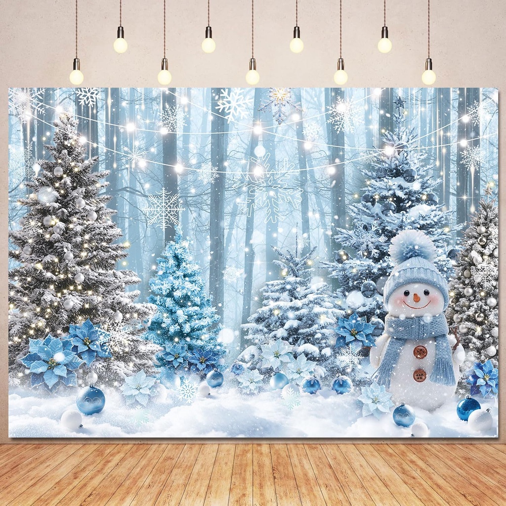 Blue Christmas Backdrop Winter Snowman Xmas Pine Tree Snowflake Background for Photography