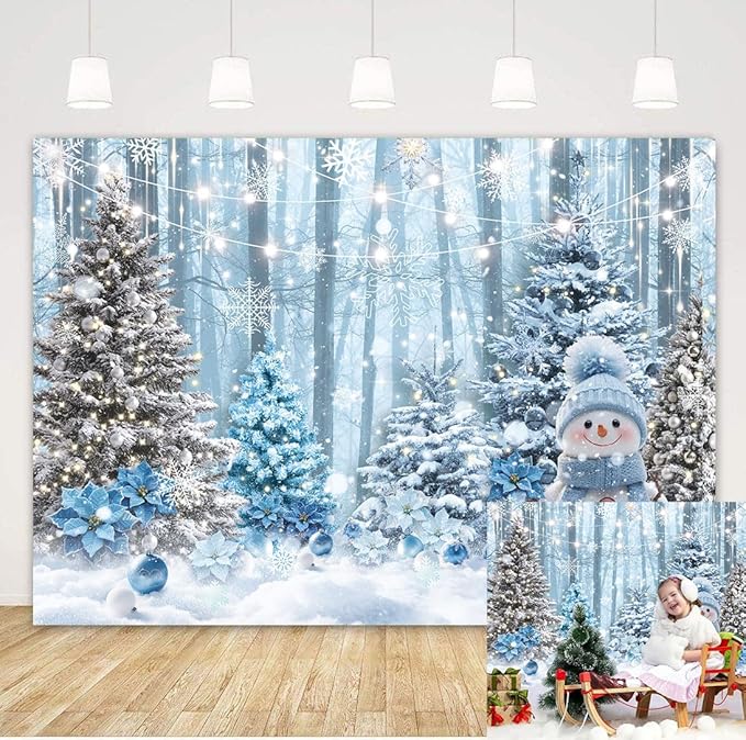 Blue Christmas Backdrop Winter Snowman Xmas Pine Tree Snowflake Background for Photography