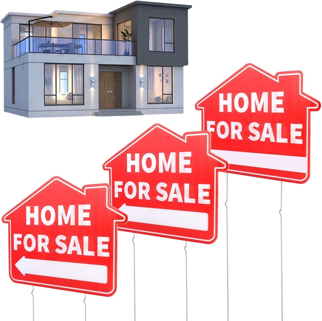 3 Pack Home For Sale Sign with Stakes, Double Sided Signs, For Sale By Owner Sign Kit for H