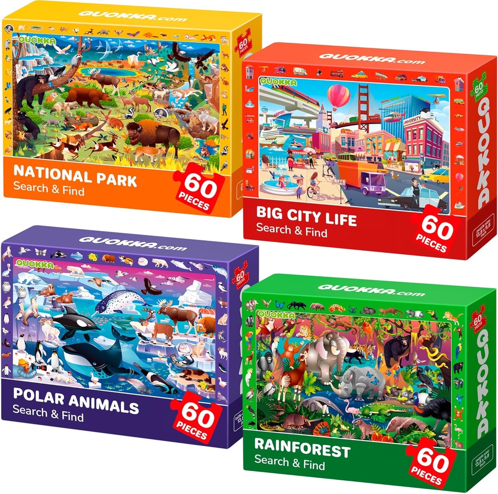 QUOKKA Jigsaw Puzzles For 3 4 Year Olds - 4x60 pc Kids Search & Find Puzzles Age 5-8