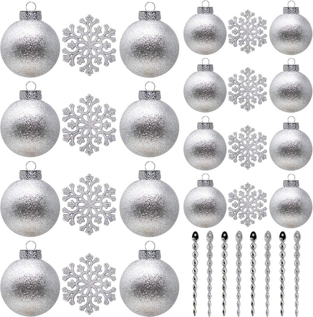 SLEETLY Silver Baubles for Christmas Tree Decorations, Shatterproof Plastic 60mm and 80mm 