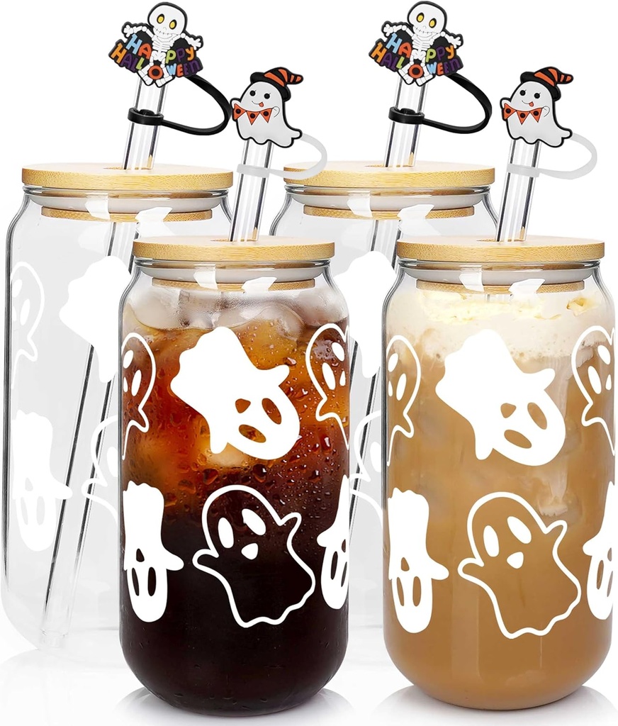 ANOTION Halloween Cups,20oz/625ml Beer Can Glasses with Lid & Straw, Tumbler Coffee Cups