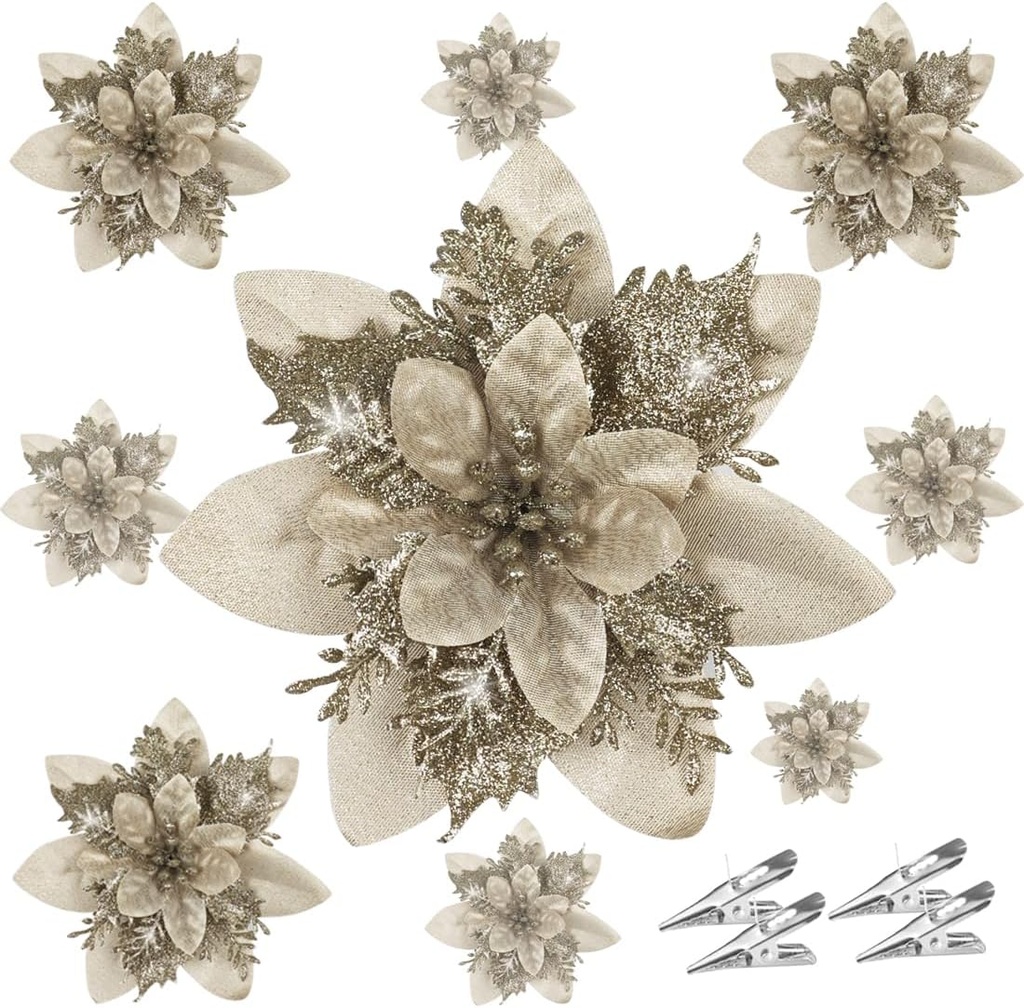 20PCS Christmas Tree Artificial Flowers With Clips Poinsettia Artificial Flowers Xmas Glitter