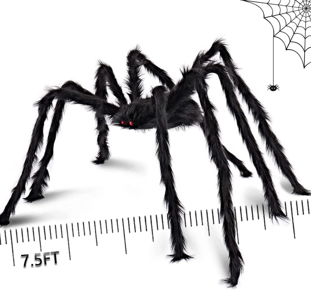 Halloween Giant Spider Decorations - 7.5ft Oversize Black Realistic Hairy Fake Spider, Large