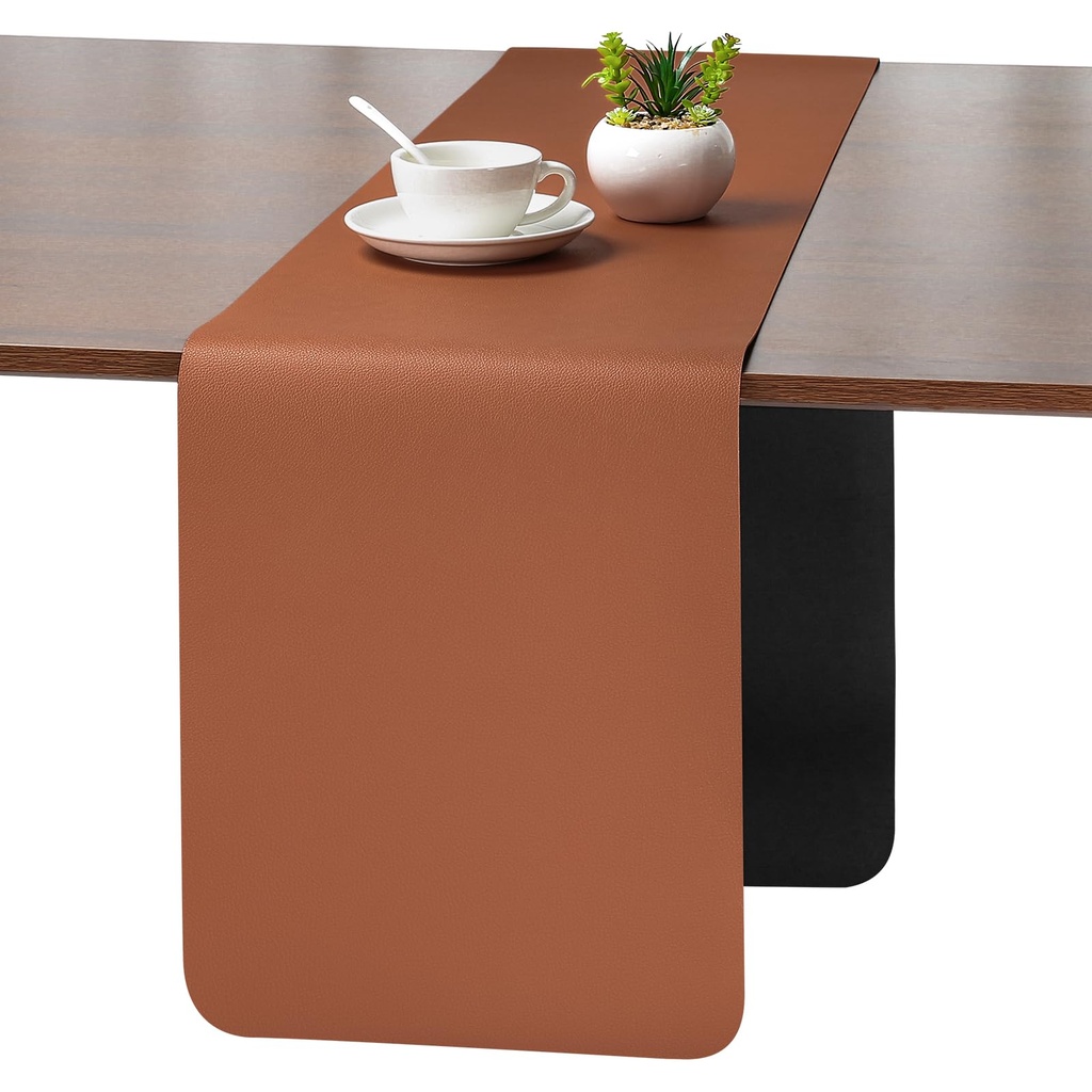 Myir JUN Table Runner, Table Runner Modern Washable Desk Mat Double Sided Faux Leather Desk