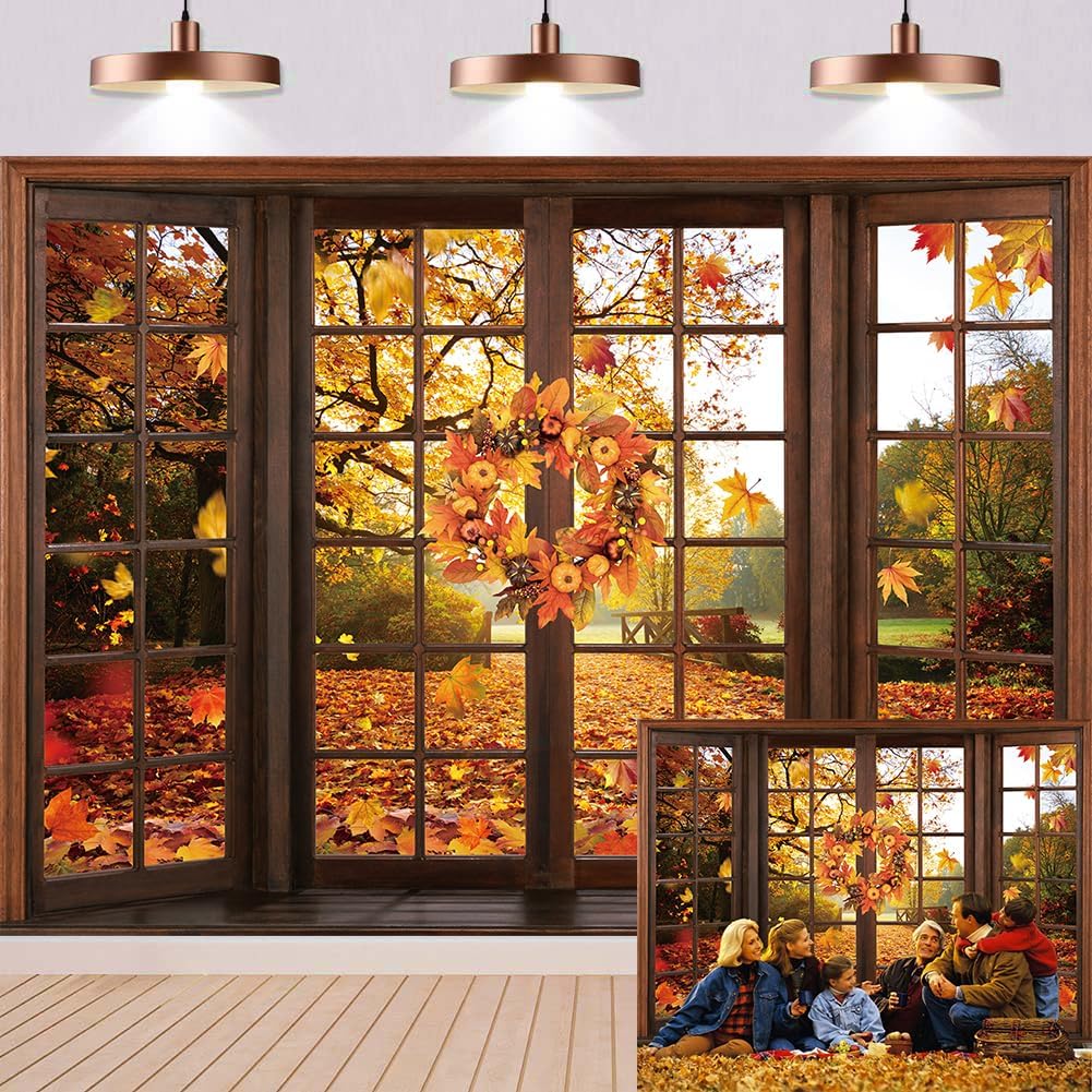 Fall Window Backdrop Autumn Forest Scene Maple Leaf Photography Background Fall Harvest 
