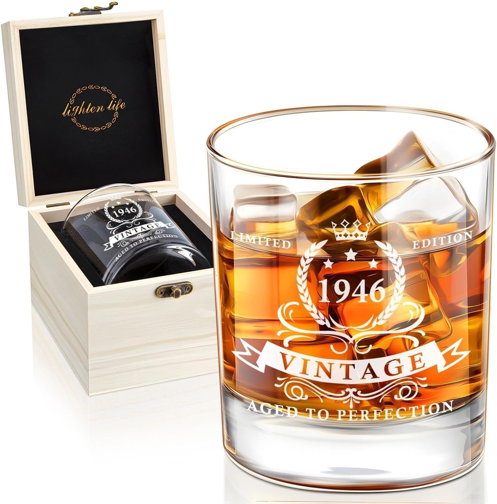 LIGHTEN LIFE 80th Birthday Gifts for Men 340ml,1945 Whiskey Glass in Valued Wooden Box,80th