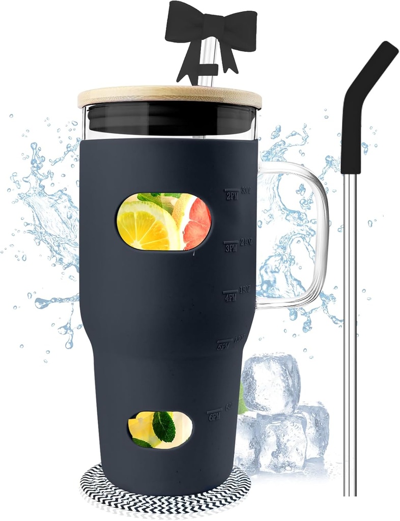 ONEHAUS Glass Tumbler with Lid and Straw Premium Glass Water Bottle with Silicone Sleeve