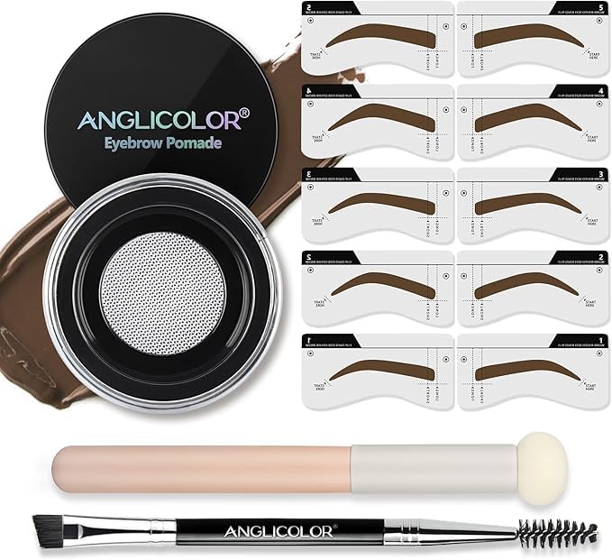 Anglicolor 24HR Brow Stencil Kit Waterproof Pomade, 5 Reusable Stencils & Dual Brush