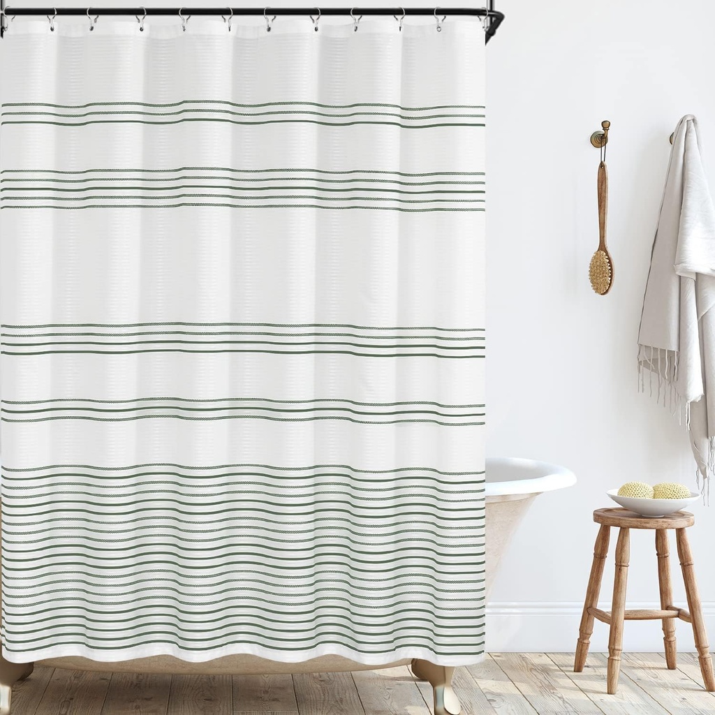 TOPICK White Shower Curtain with Green Stripes Fabric Shower Curtain for Bathroom Modern St
