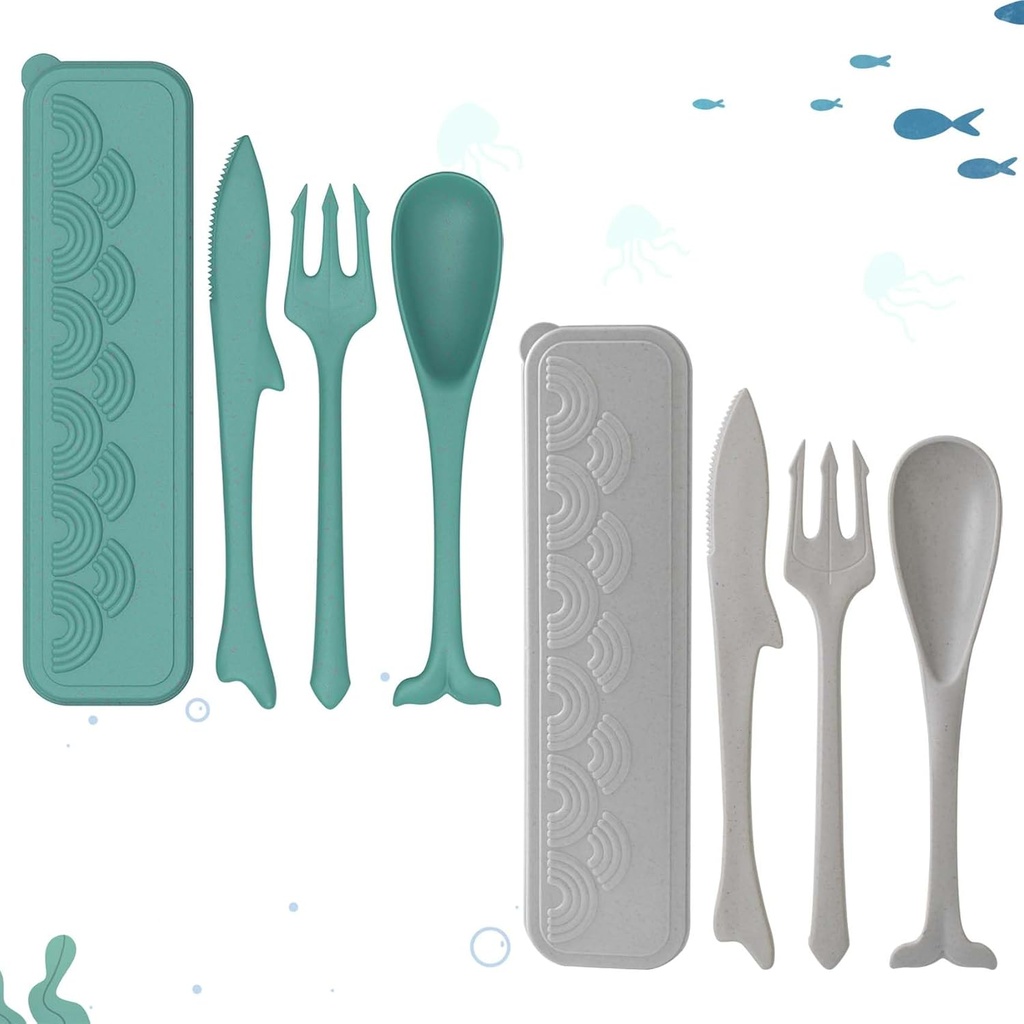 Heloner 2Pcs Reusable Travel Utensils Set with Case, Ocean Themed Plastic Cutlery Set