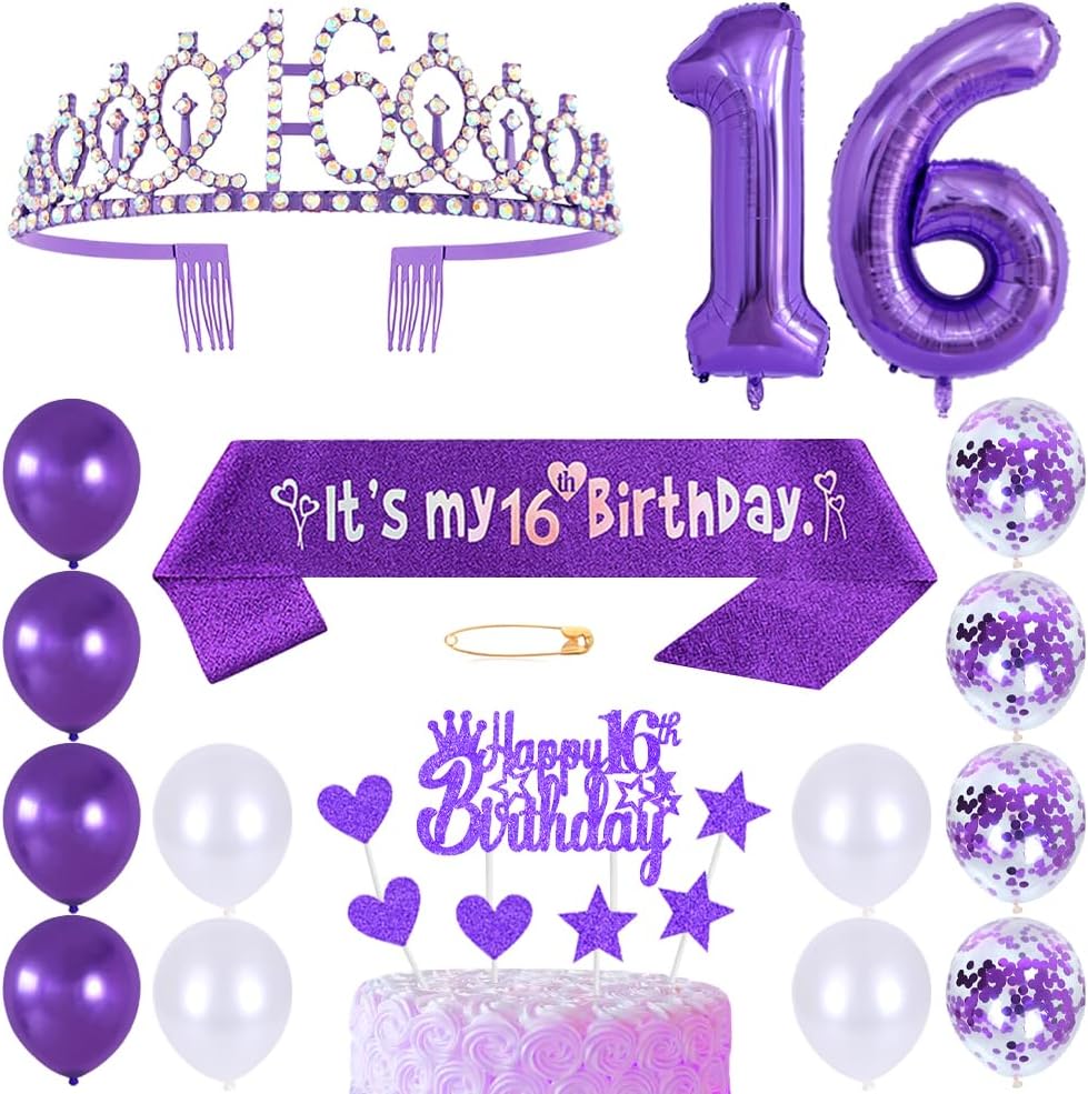Sweet 16 Princess Crown Queen Tiara Rhinestone Headbands with Cake Toppers, Number 16 Helium