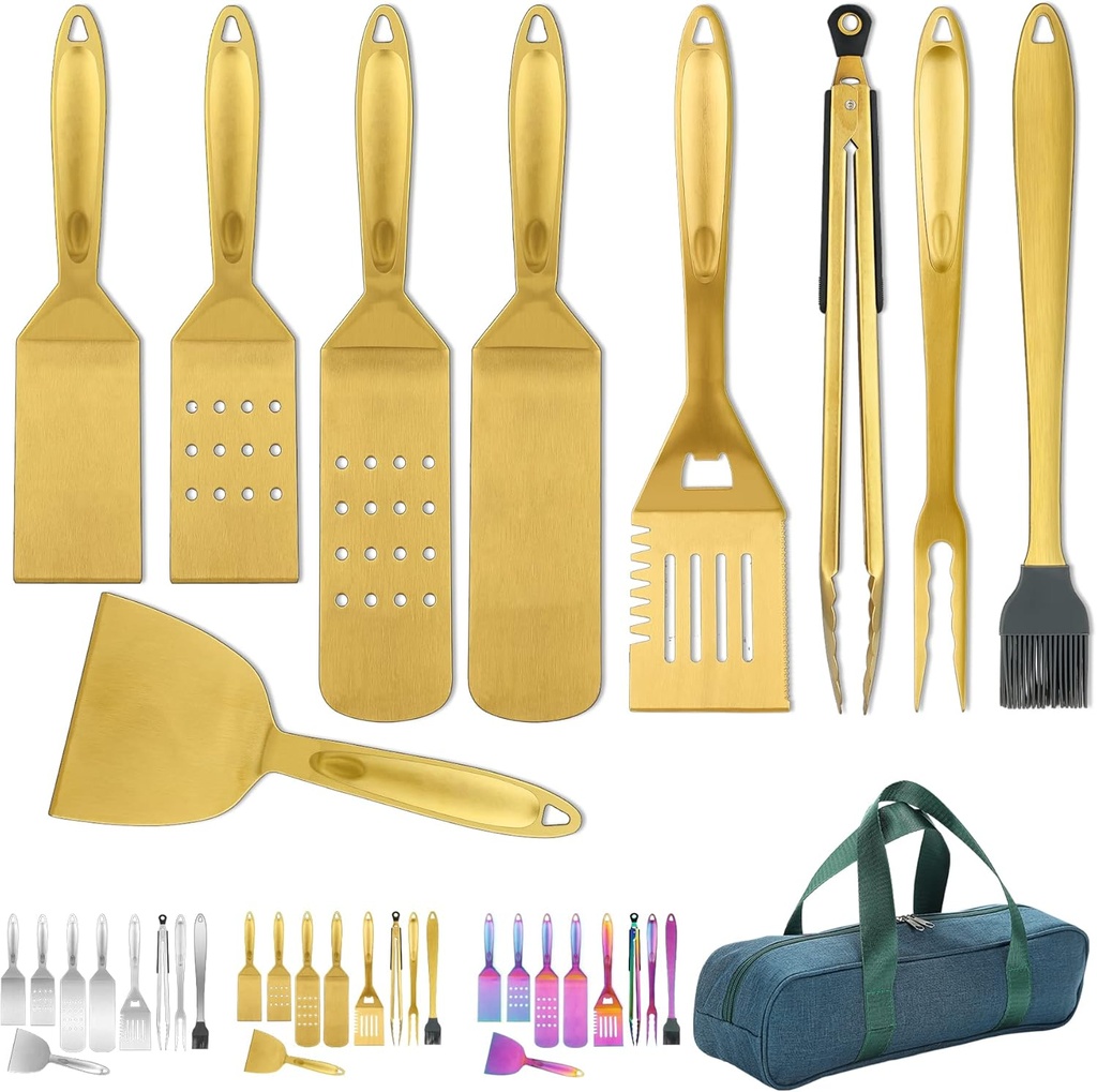 Kyraton Gold BBQ Accessories 9 Piece, Titanium Gold Plating BBQ Grill Tool Set, Stainless S