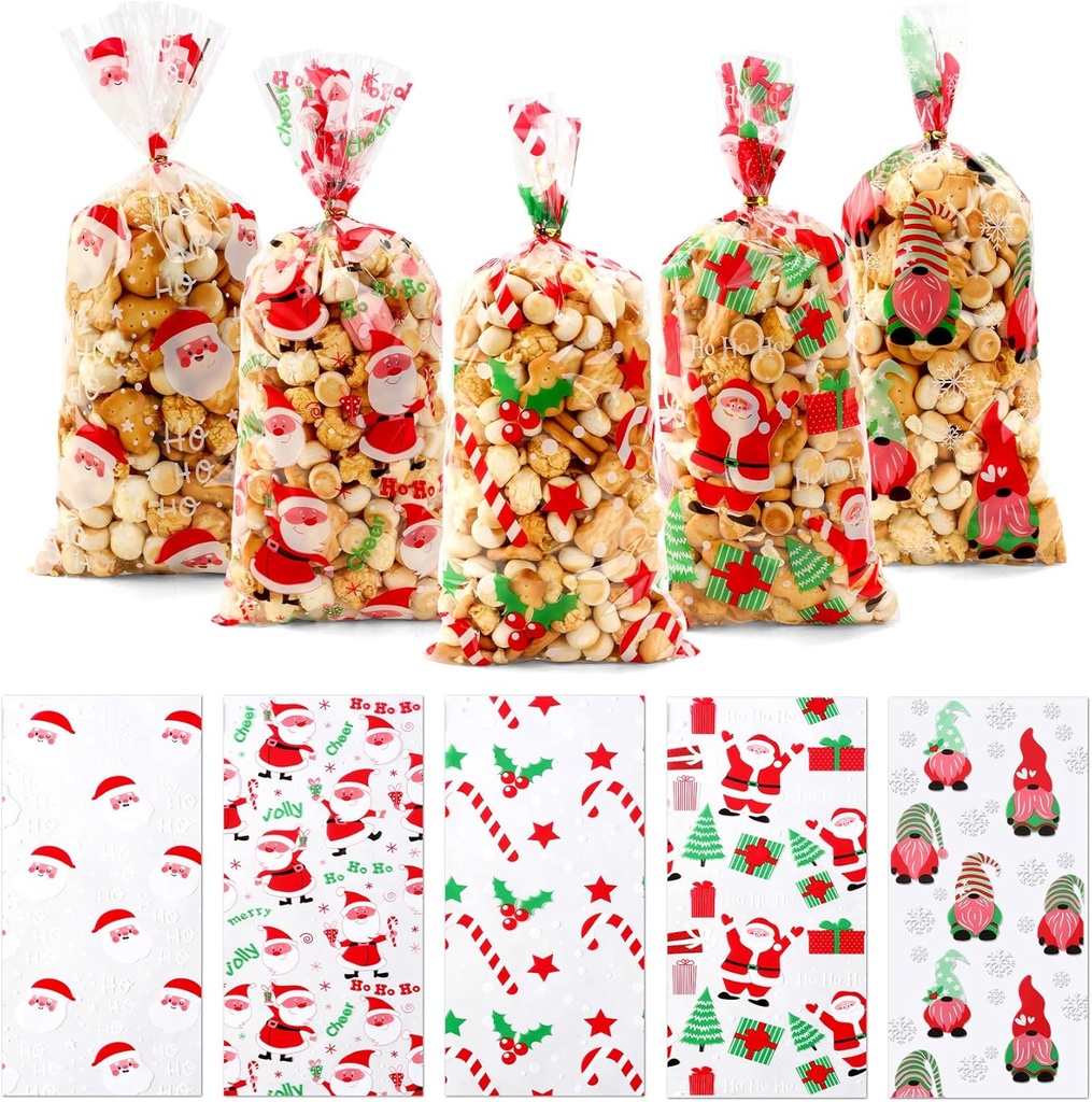 100PCS Christmas Cellophane Bags Sweet Cookie Biscuit Snacks Candy Bread Plastic Clear