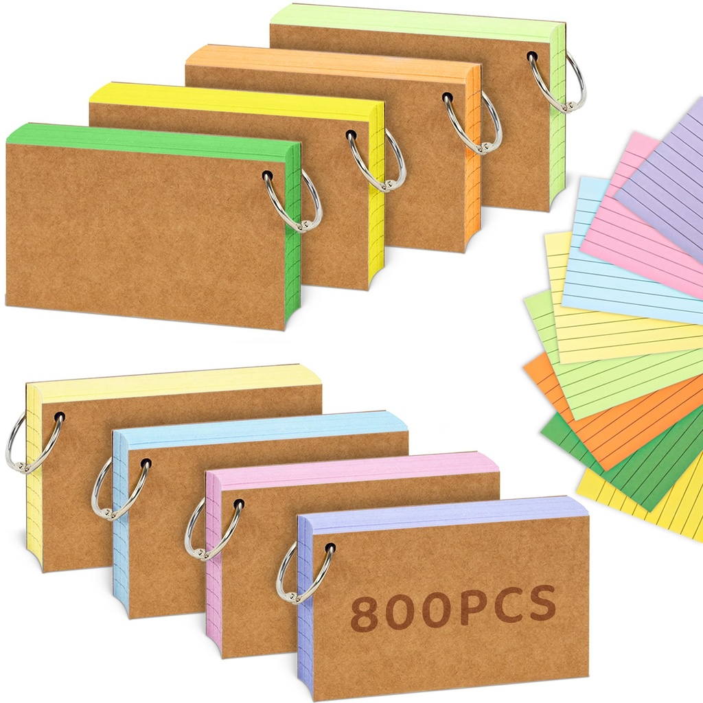 A6 Flash Card, 4 Pack 320 Pcs Revision Cards Index Cards with Rings Ruled Flashcards Multicolor
