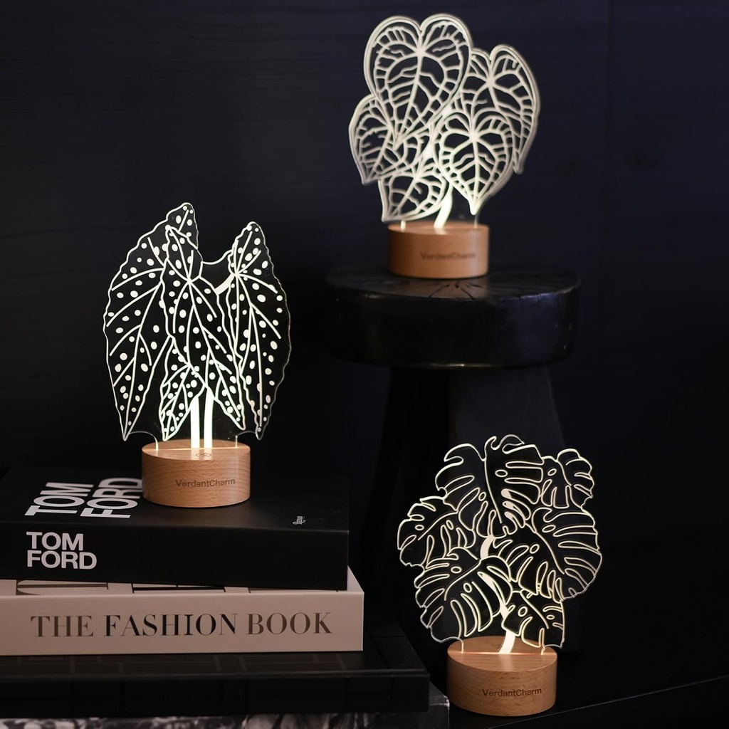 VerdantCharm Begonia, Crystal Anthurium, Monstera Deliciosa 3-Pack Night Light Soft LED Nur