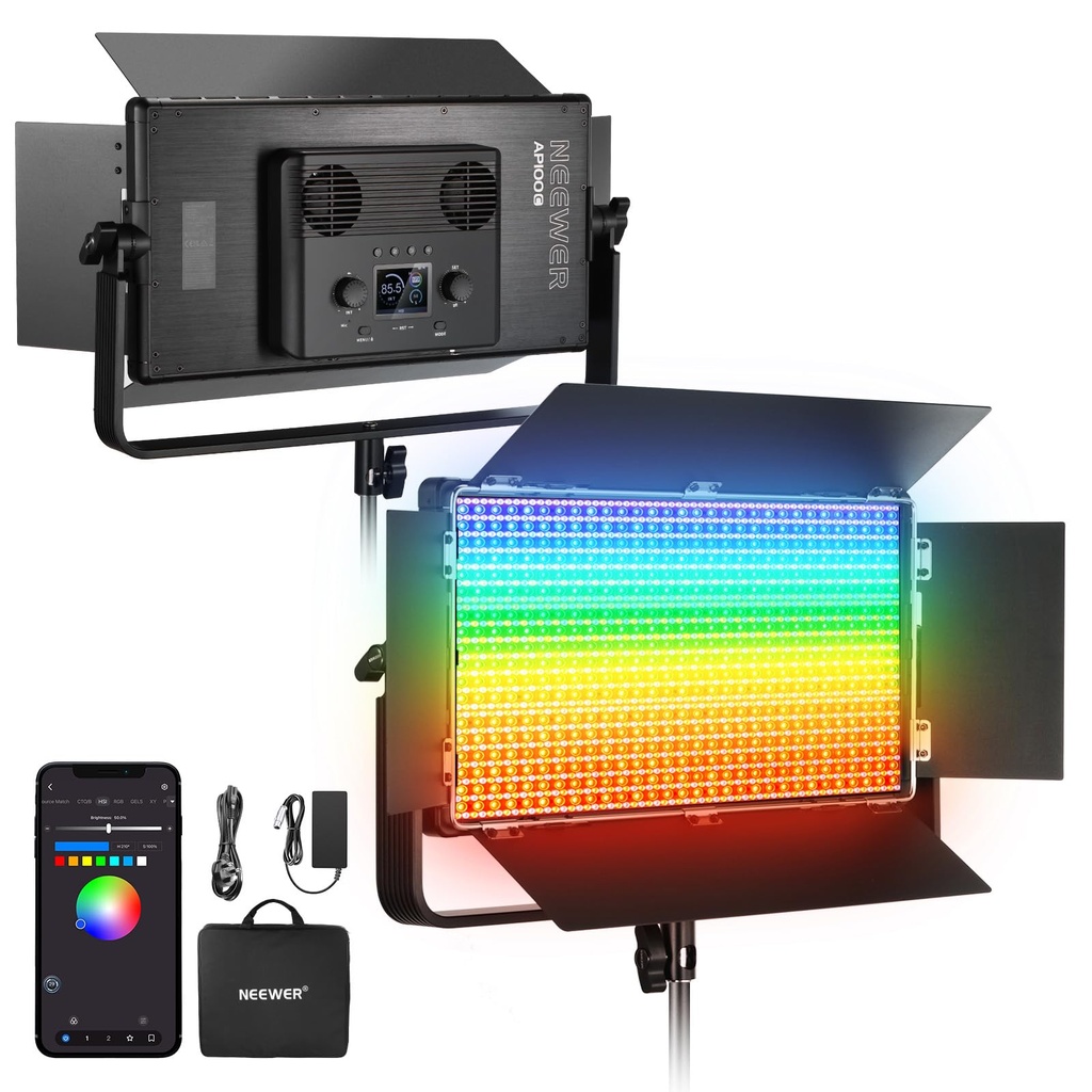 NEEWER 105W RGB LED Panel Video Light Kit with Barn Doors, 1200 LEDs 31500Lux/0.5m 2500K-10