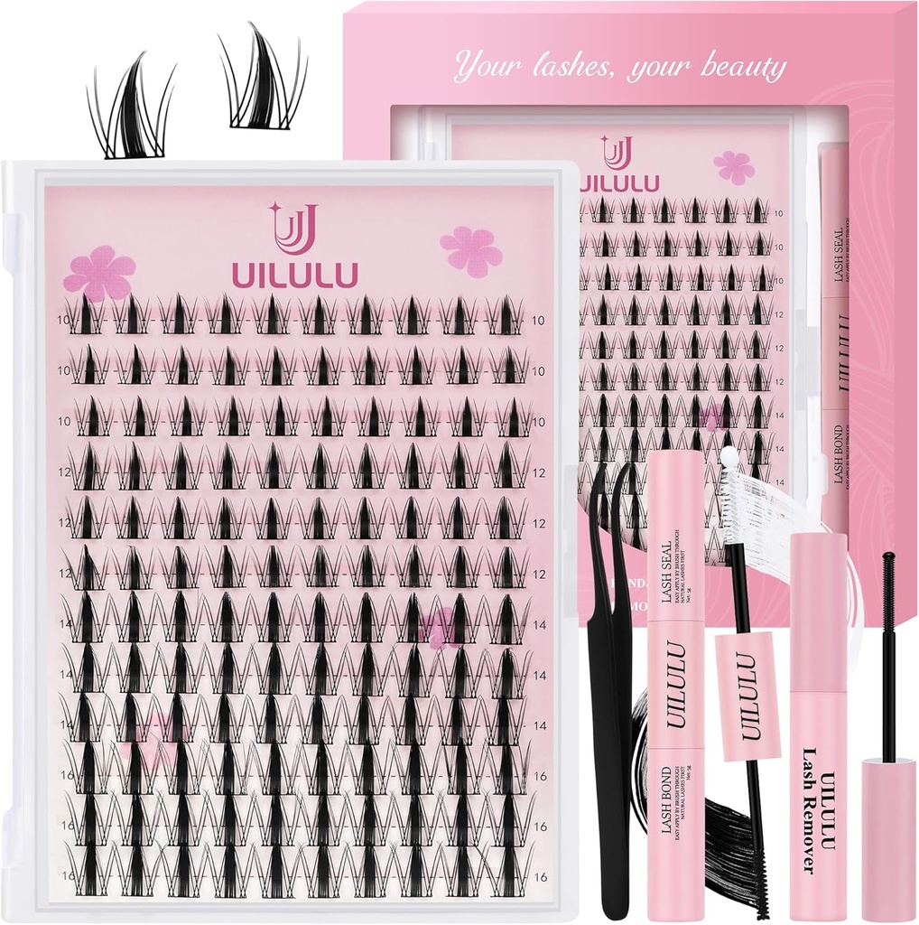 Uilulu Lash Clusters Kit 10-16mm Natural D Curl False Eyelashes, DIY Extension With Bond