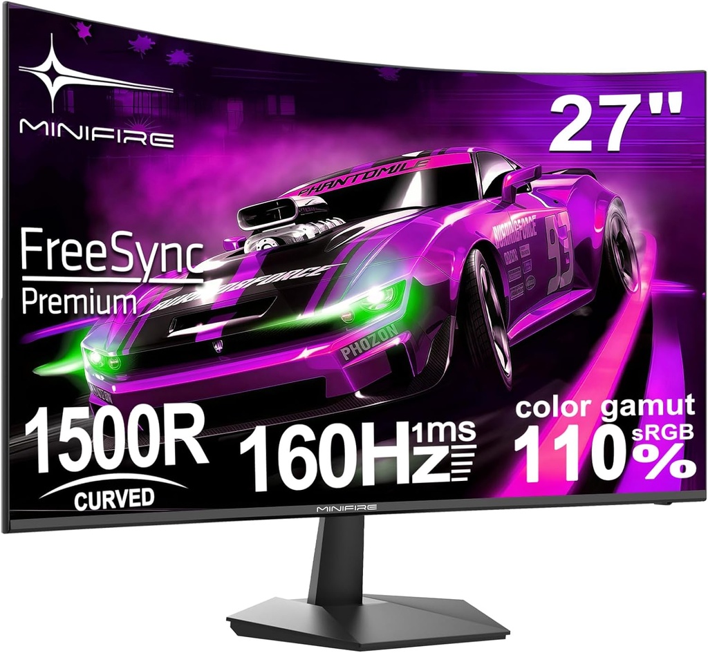 Minifire 27 Inch Curved Gaming Monitor 160Hz, FHD 1920x1080, PC Screen with VA Panel 1500R,