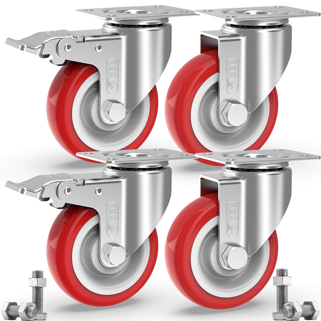 GBL Heavy Duty Castor Wheels with 0 Brakes - 200mm up to 1520KG - Set of 4 No Floor Marks