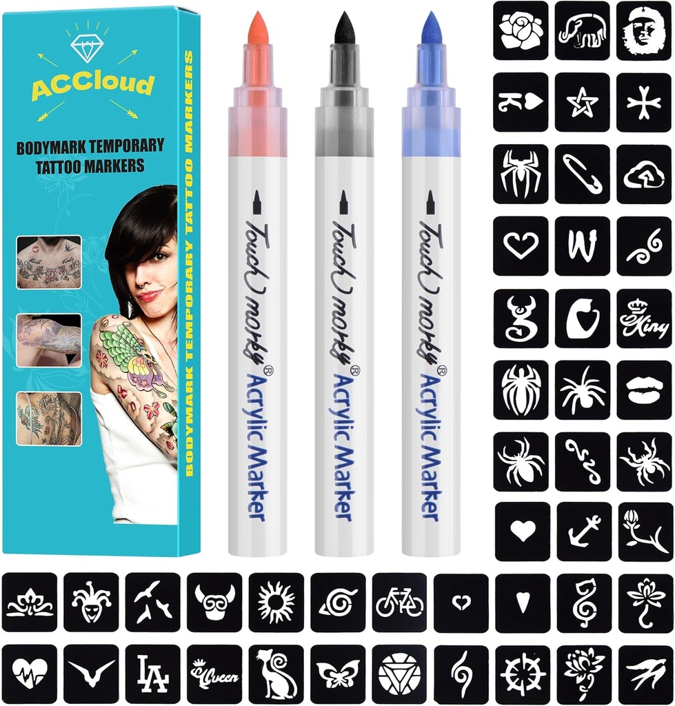 ACCloud Temporary Tattoo Markers for Skin Paint Pens Kit, 3 Body Markers+ 63 Tattoo Stencil