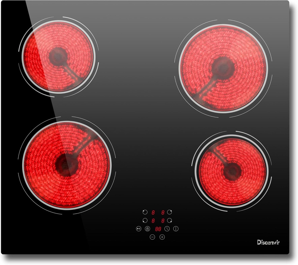 Disaenvir Ceramic Hob 4 Burners, Built in Electric Hob 6000W with Touch Control, 4 Zone