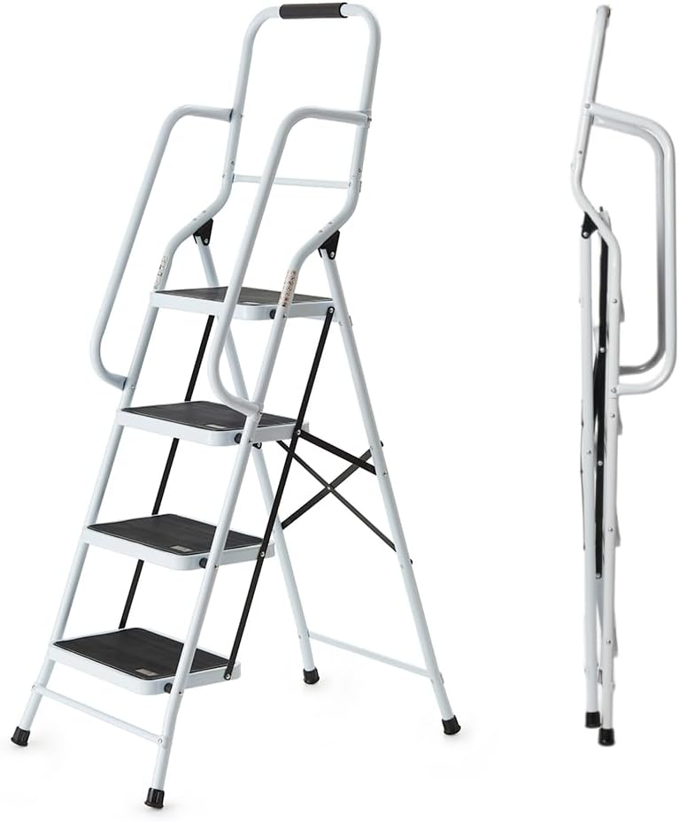 Easylife Safety Folding Step Ladder, 4 Step Ladder, Strong, Non-Slip Rubber Steps With Rail