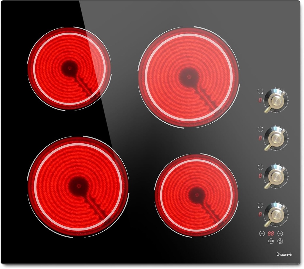 Disaenvir Ceramic Hob 4 Burners, Built in 4 Zones Electric Hob with Knob, 6000W Ceramic Coo