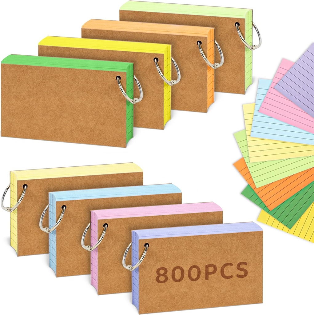 A7 Flash Card, 8 Pack 800 Pcs Revision Cards Index Cards Ruled Flashcards Multicolor Kraft