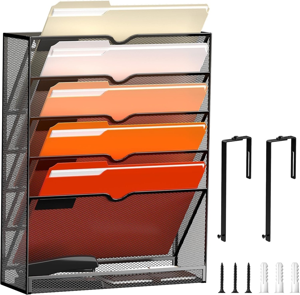 SUPTIDY 6-Tier Wall File Organizer Hanging Wall File Holder for Papers, Folders, Files Clip