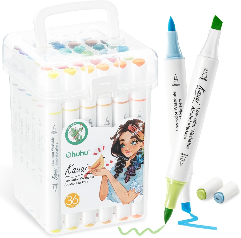 Ohuhu Markers, 36 Colours Washable Low-odor Seamless Blending Dual Tipped(Brush & Chisel) A