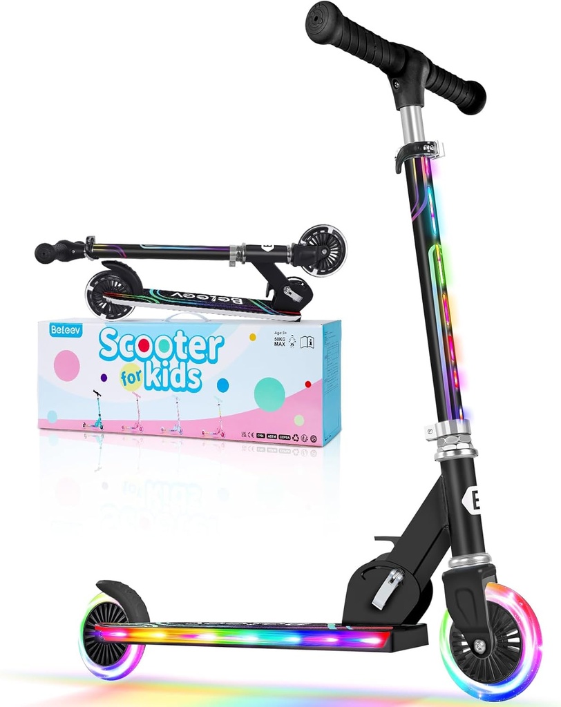 BELEEV V2 Scooters for Kids with Light-Up Wheels & Stem & Deck, 2 Wheel Folding Scooter for