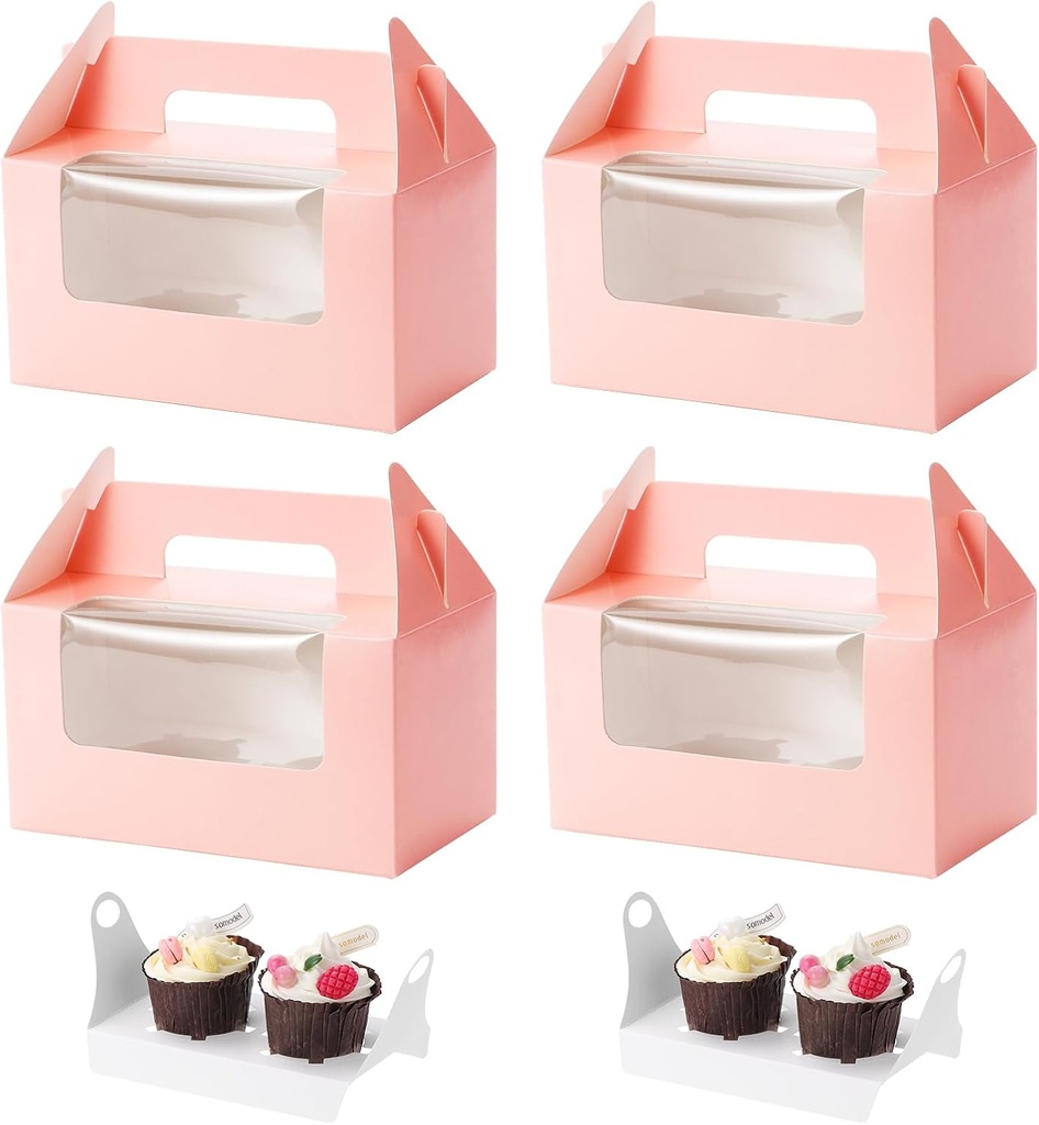 Coptiner Cupcake Boxes, 2 Hole with Window with Handle,Pink Cupcake Carrier Small Bakery Pa