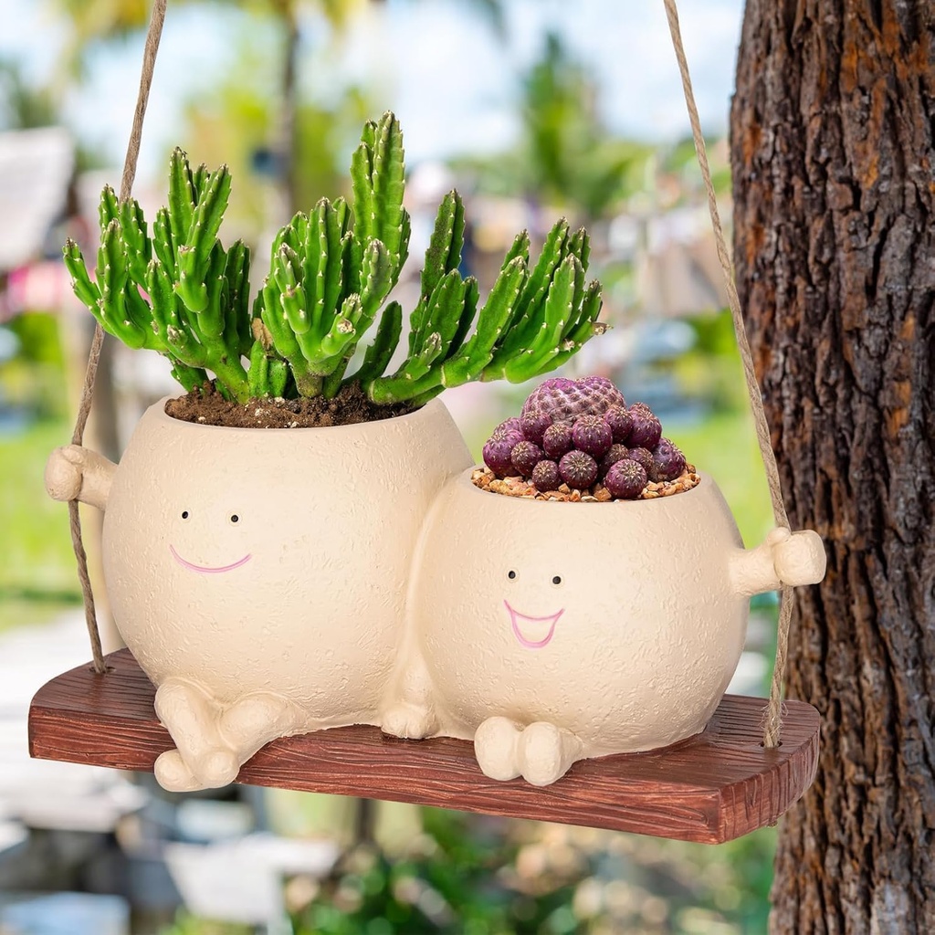 LASTOOLS Hanging Planter Swing Face Plant Pot Resin Cute Flower Pot for Indoor and Outdoor
