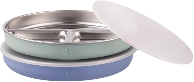 Elk and Friends Kids Stainless Steel Divided Plates with Silicone Suction Sleeves + Lid | S