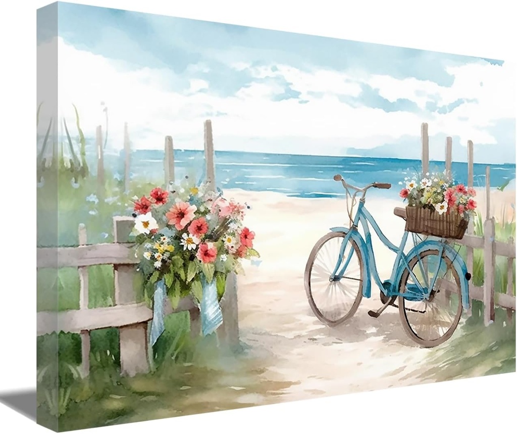 ZQQART Seaside Bicycle Canvas Wall Art Coastal Beach Bike Floral Painting Prints Coastal Th