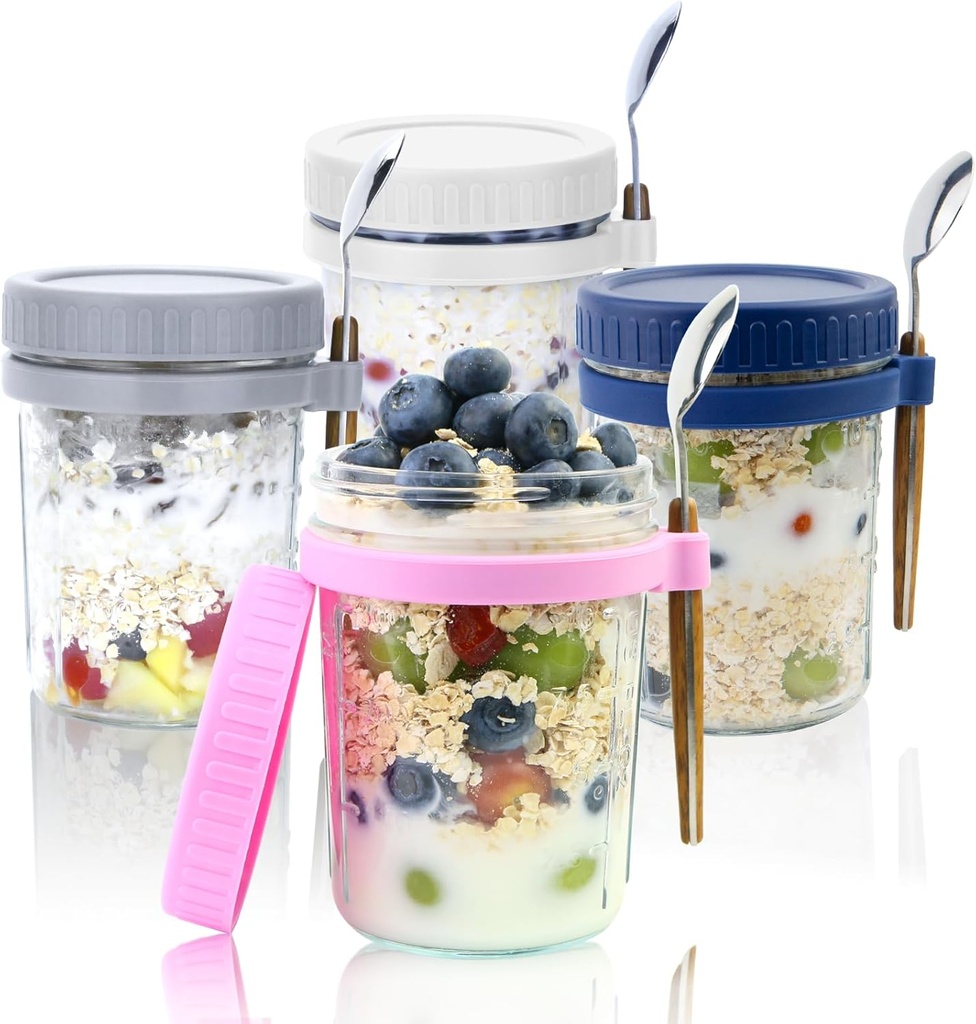 Kvittra Overnight Oats Containers with Lids and Spoons - 4 Pack Glass Mason Jars, 350ML Oat