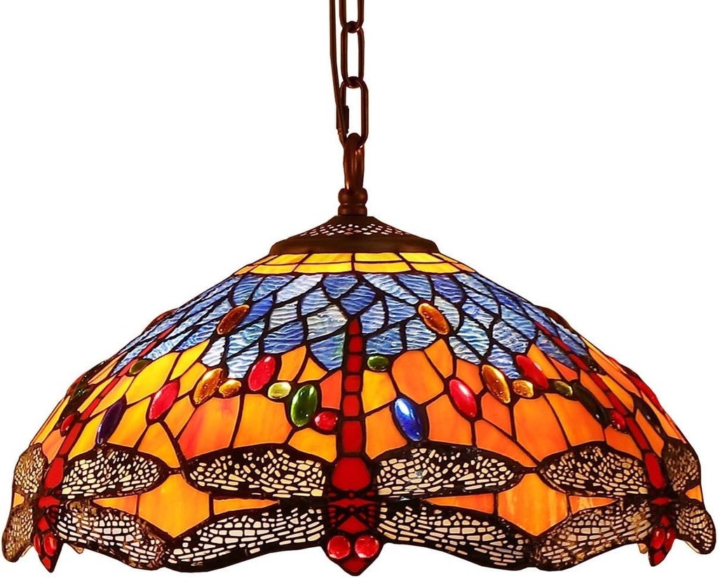Bieye L30709 Dragonfly Tiffany Style Stained Glass Ceiling Pendant Fixture with 16 Inch Wid