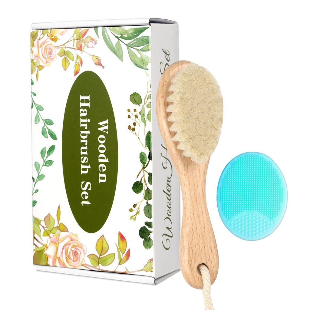 Baby Wooden Brush and Comb Set, Natural Goat Hair Brush with Cradle Cap Comb for Newborns T