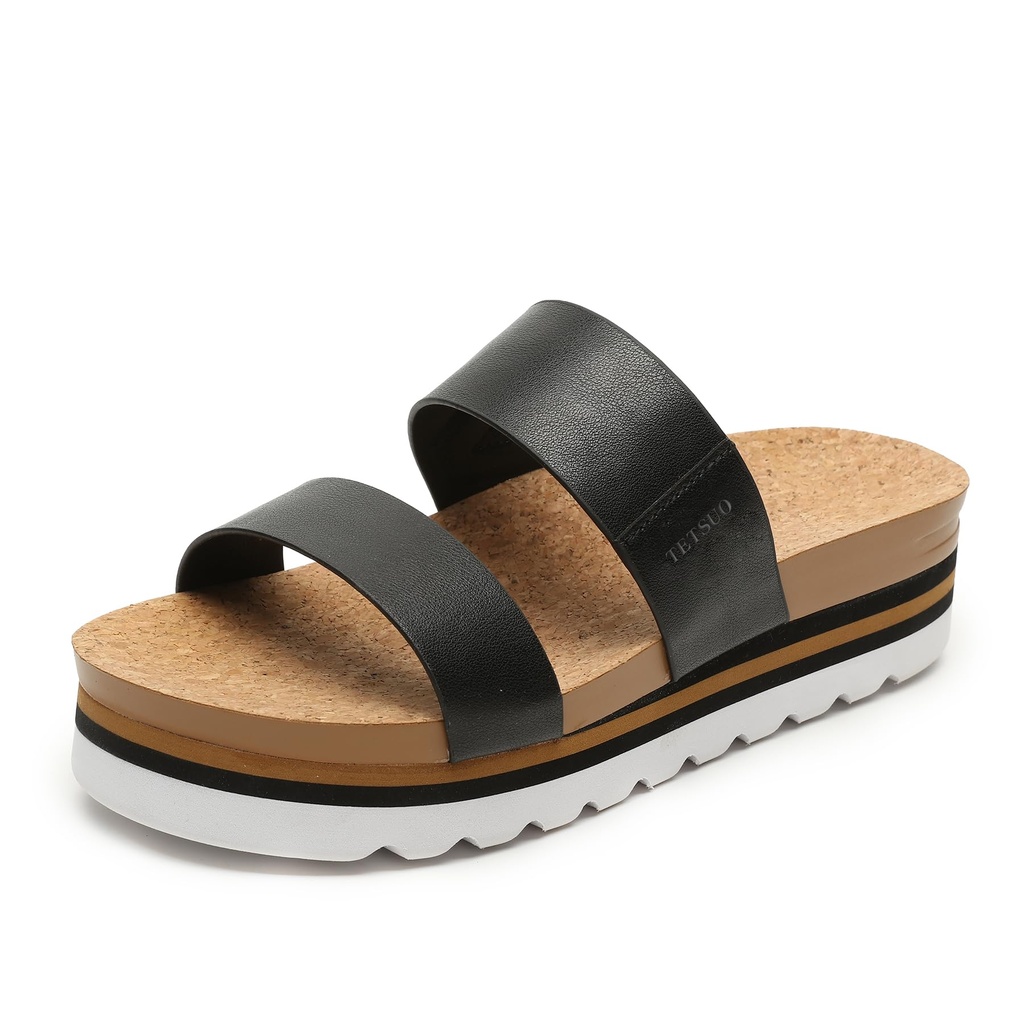 TETSUO Women's Summer Slides Sandals Open Toe Slip On Black Sandals Comfort Walking Platfo