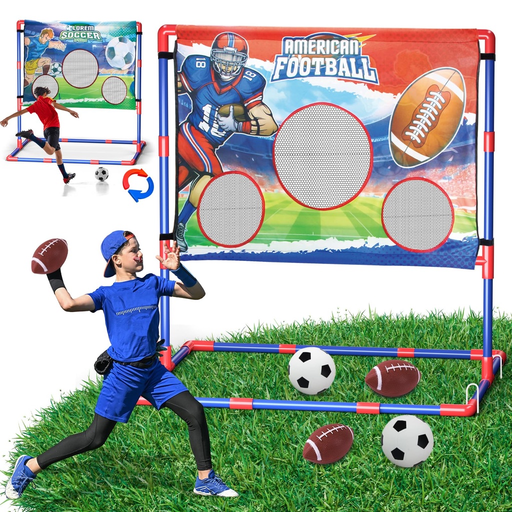2-in-1 Football & Soccer Toss Target Game for Kids 8-12, 3-Hole Double-Sided Goal 