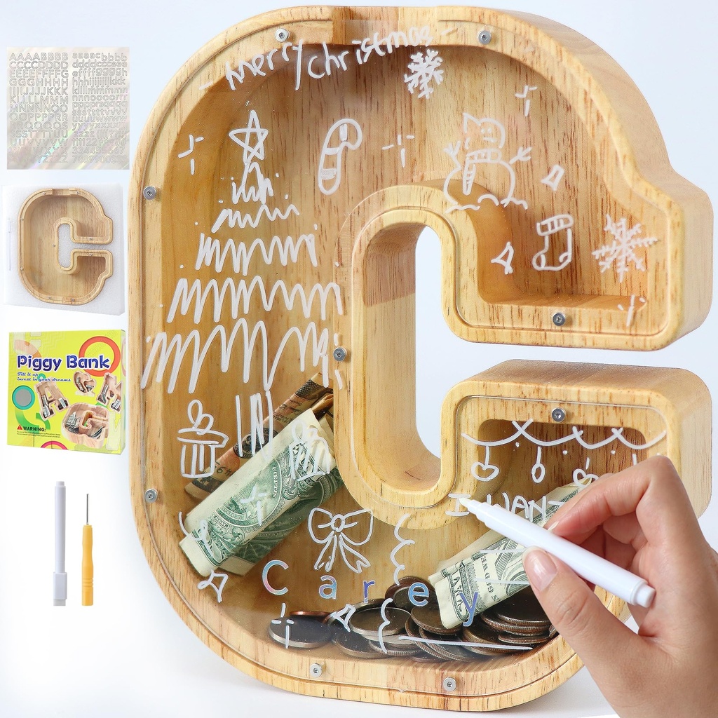Mikytoper Letter Money Box for Kids Large Wooden Personalized A-Z Piggy Bank Clear Alphabe