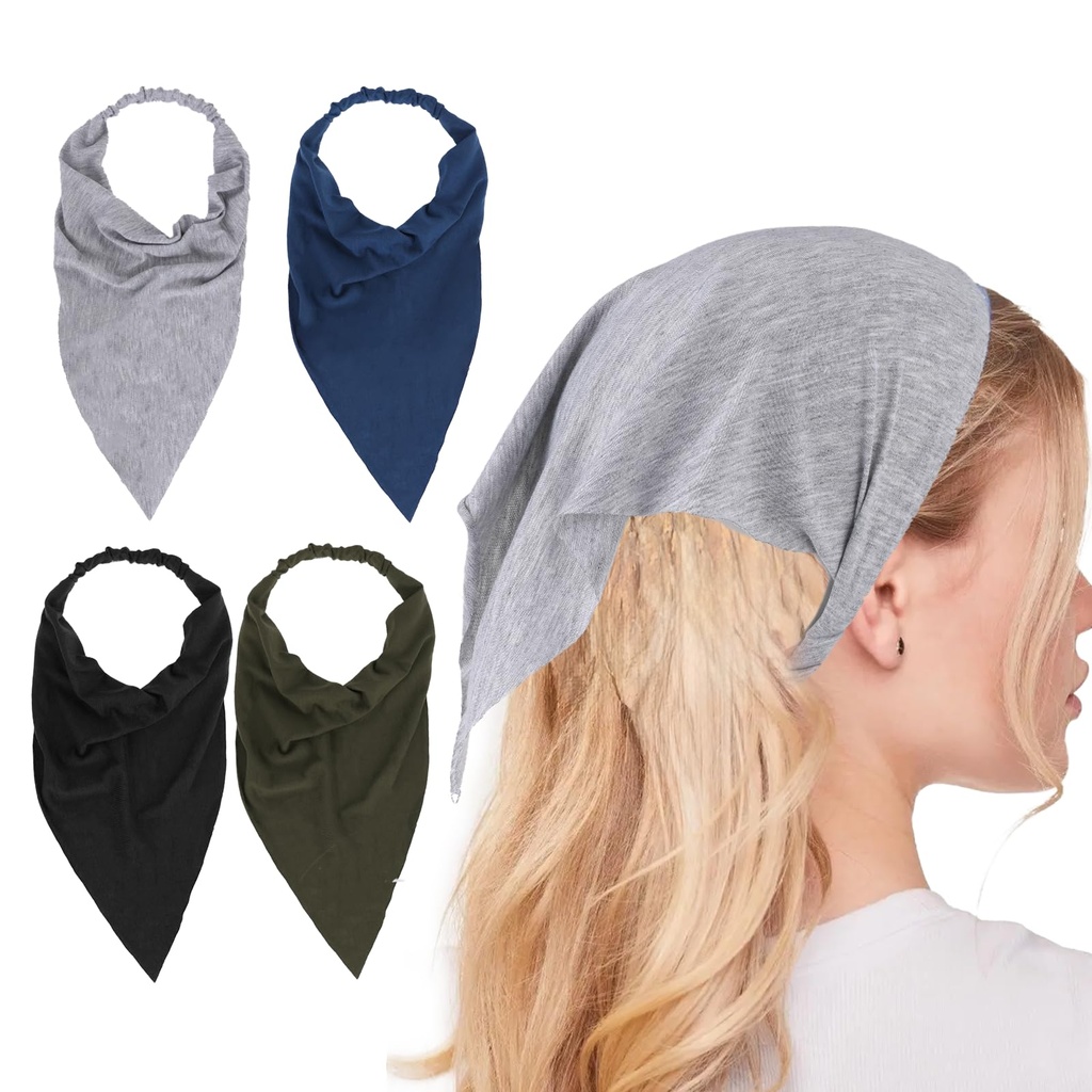 Yuomeaz 4PCS Hair Bandanas for Women, Boho Solid Triangle Elastic Bandana Headband, Non-Sli